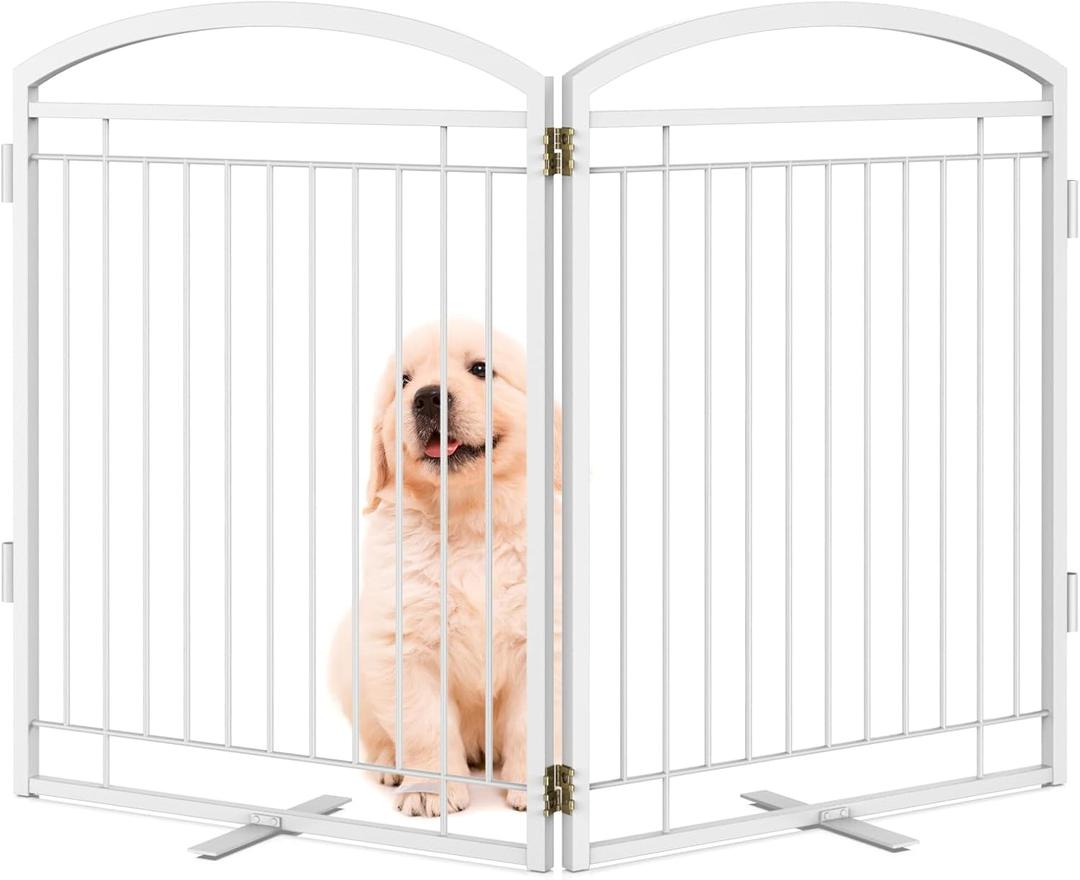 Full Metal Free Standing Dog Gate with Door for Indoor Outdoor, 48'' Extra Wide 32'' Tall Dog Gate for Doorways,Large Openings,Decks,Pet Puppy Freestanding Safety Fence White, 【2 Panels】 32''H*48''W