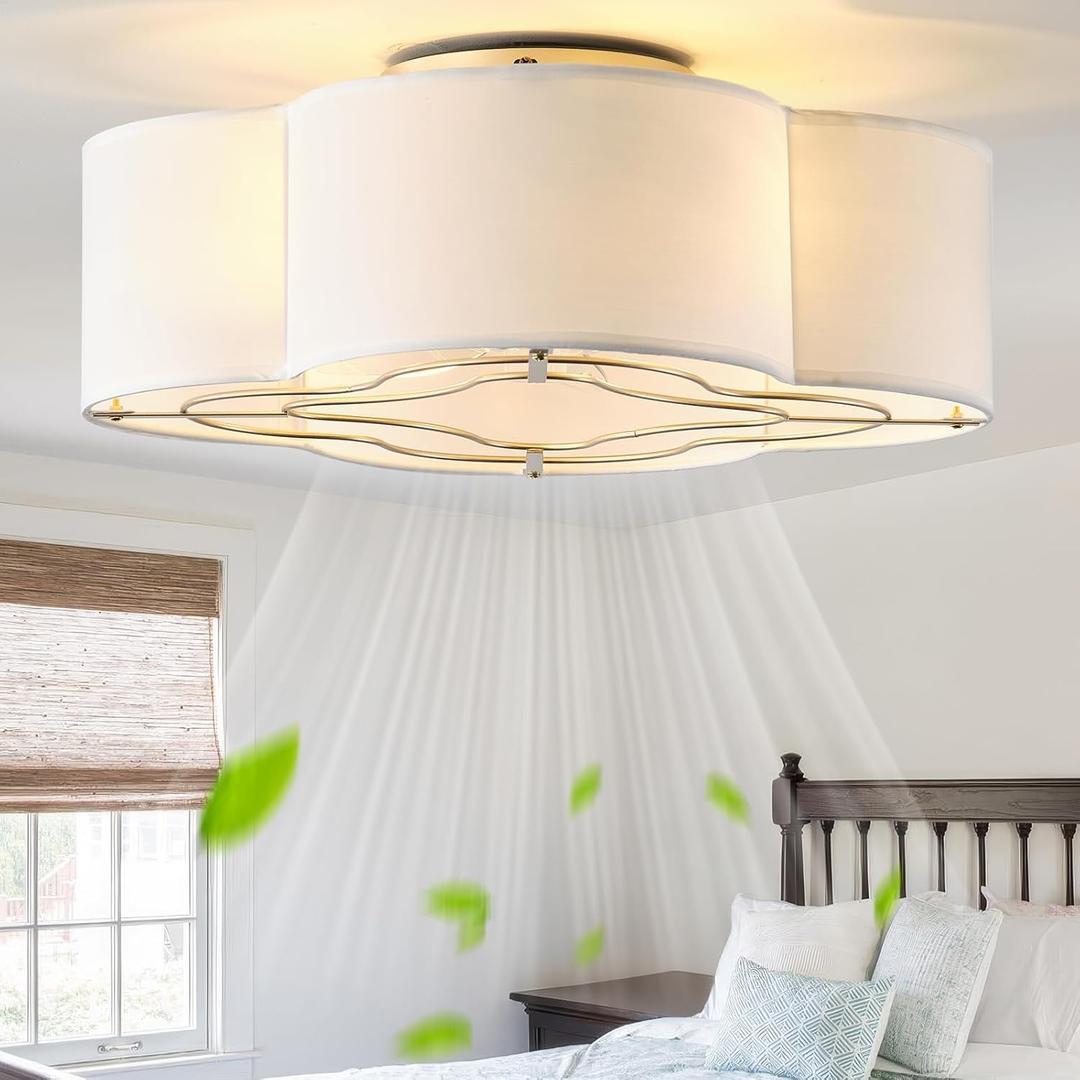 Caged Ceiling Fan with Light, Rattan Flush Mount Ceiling Fans with Lights Remote Control, Low Profile Fabric Enclosed with 6 Speeds for Bedroom, Living Room, Foyer, Nursery (White)