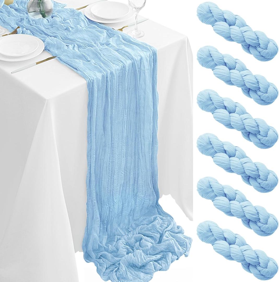 6Pack Baby Blue Cheesecloth Table Runner 35x120Inch Cheese Cloth Table Runners 10FT Boho Gauze Rustic Sheer Table Runner for Party Wedding Bridal Shower Baby Shower Decorations Boy Party Decor