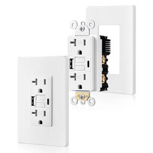 SURAIELEC 20 Amp GFCI Outlet with USB-C & USB-A Ports, Self-Test GFCI Electrical Outlet Combination with USB, Tamper-Resistant GFCI USB Outlet, Screwless Wall Plate Included, ETL Listed, White,2-Pack