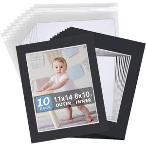 Somime 10 Pack Black Picture Frame 11x14 Mat Board,White Core Bevel Cut Mats 8.5x11, Whole Frame Mat Kit Includes 10 Picture Photo Mattes & 10 Backings & 10 Krystal Sleeve Bags