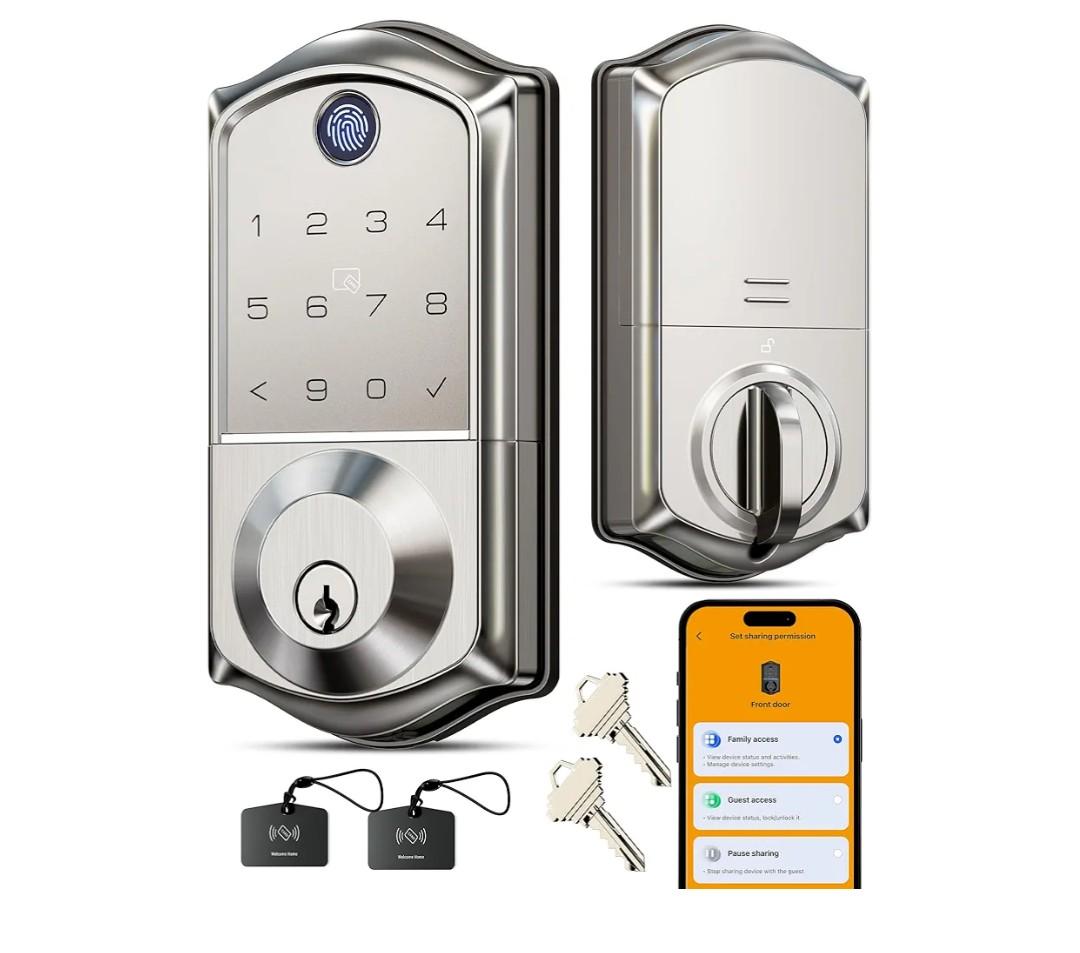 Veise VE017 Fingerprint Smart Door Lock, App Control, 8-in-1 Keyless Entry, Auto Lock, Emergency Power Port, Electronic Touchscreen Keypad, Biometric Smart Locks for Front Door, Satin Nickel