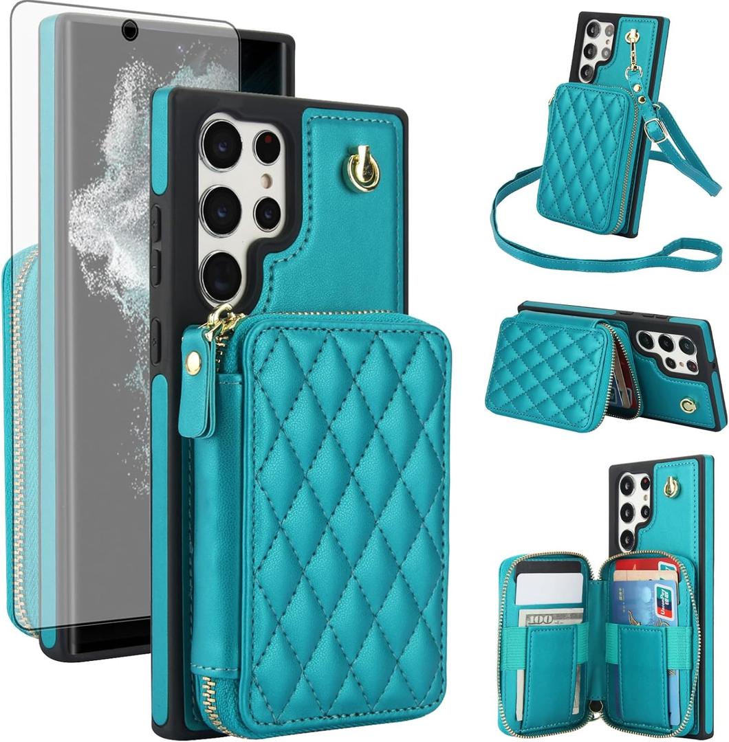Asuwish Phone Case for Samsung Galaxy S26 Ultra 5G Wallet Cell Cover with Tempered Glass Screen Protector Wrist Crossbody Strap RFID Blocking Card Holder S26Ultra 26S S 26 26Ultra Women Girls Green