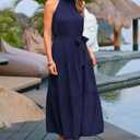 PRETTYGARDEN Women's Summer Floral Maxi Sun Dress Sleeveless Halter Neck Flowy Ruffle Hem Long Boho Dresses with Belt (Blue, M)