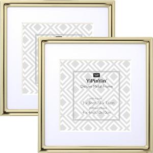 4x4'' Sqaure Gold Metal Picture Frame With Mat for 3x 3'' Set of 2, Narrow Plated Metal Photo Frames 3x3'' With Soft Touch Velvet Backing for Desktop