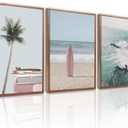 CHDITB Beach Framed Canvas Wall Art Set Of 3, Coastal Wall Decor, Ocean Wave Wall Painting, Palm Tree Seaside Artwork Surfboard Art Prints For Living Room Or Bedroom (12X16 Inch)