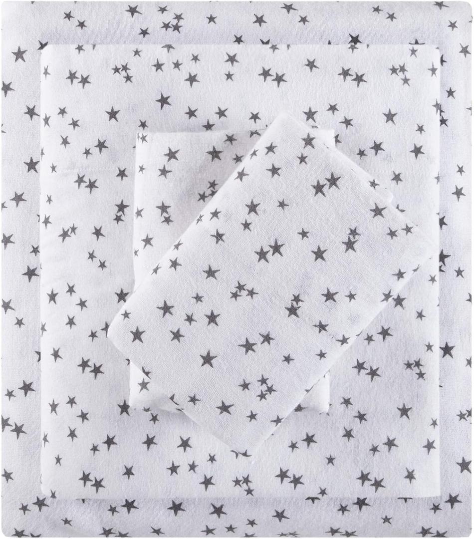 Intelligent Design Cozy Soft 100% Cotton Flannel Print Animals Stars Cute Warm, Ultra Soft Cold Weather Sheet Set Bedding, Twin, Grey Stars 3 Piece