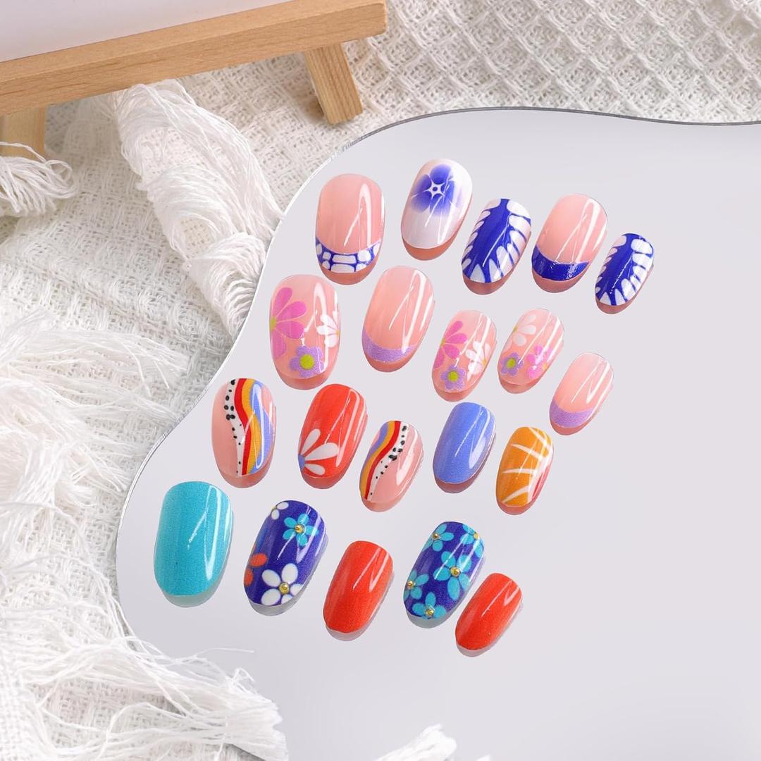 4 x 96PCS Press on Nails Short Almond False Nails Full Cover Nails Kit with Flower Designs,Glue on Nails for Women and Girls