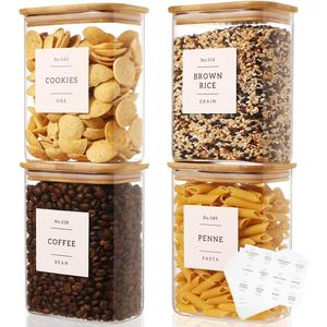 4 Pack Square Glass Pantry Storage Containers with 132 Kitchen Food Pantry Labels - 34 floz Clear Glass Pantry Jars with Airtight Wood Bamboo Lids - Glass Canisters for Tea, Cereal, Coffee, Spice