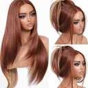 BrownBomb Cooper Blond Wear and Go Glueless Wigs Pre Plucked Pre Cut for Beginners Synthetic Lace Front Wigs For Woman With Bangs Long layered Straight 26 Inch Ginger Highlights 3 Seconds to Wear