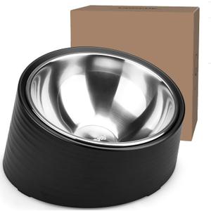 Tilted Angle Dog Bowl, 15 Slanted Stainless Steel Dog Cat Food Bowl, Non-Slip & Non-Spill Pet Feeder with Elevated Detachable Melamine Stand, Easy to Get Food Dish, Large 2 Cup Black