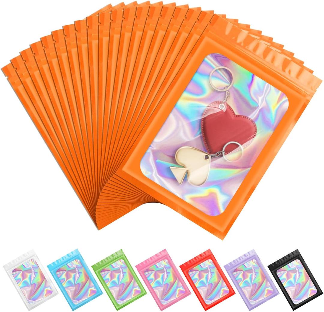 ANZNKU 100 Pack Mylar Bags Reasealable Holographic Bags, Smell Proof Bag Zipper Pouches with Clear Window, Jewelry Candy Sealable Goodie Bag for Packaging Sample Party Favor (Orange, 7.1 x 10.2 Inch)