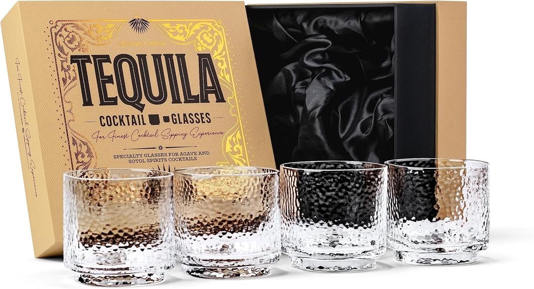 GLASSIQUE CADEAU Tequila Sipping and Cocktail Glasses | Set of 4 | 10 oz Hammered Rocks Glasses for Drinking Mezcal, Margarita, Paloma | Thick Lowball Glasses | Tequila Glassware Collection