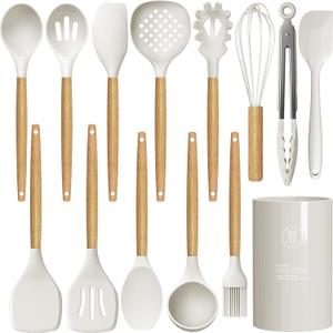 Silicone Cooking Utensils Set - 446F Heat Resistant Silicone Kitchen Utensils for Cooking,Kitchen Utensil Spatula Set w Wooden Handles and Holder for Non-Stick Cookware, BPA FREE (Cream White)