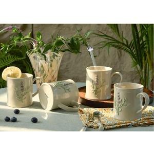 Artisanal Handcrafted Ceramic Mug with Sage Botanical Design - 10oz Off-White Stoneware Coffee Cup, Elegant Purple Sage Pattern, Dishwasher Safe, Comfort Grip Handle for Daily Use-4pack