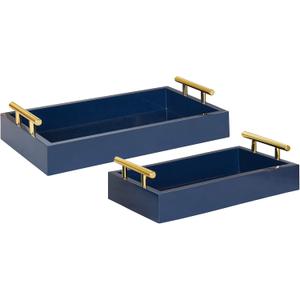 Modern Tray Set, Set of 2, Navy Blue and Gold, Glam Decorative Trays for Storage and Display, 15×12in & 10×10in 