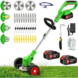 Cordless Weed Wacker Electric Eater Battery Powered, 21V 4 in 1 Lightweight Portable Stringless Weed Trimmer x 2 Battery Operated, Grass Trimmer/Brush Cutter/Lawn Edger with Wheels for Garden Yard