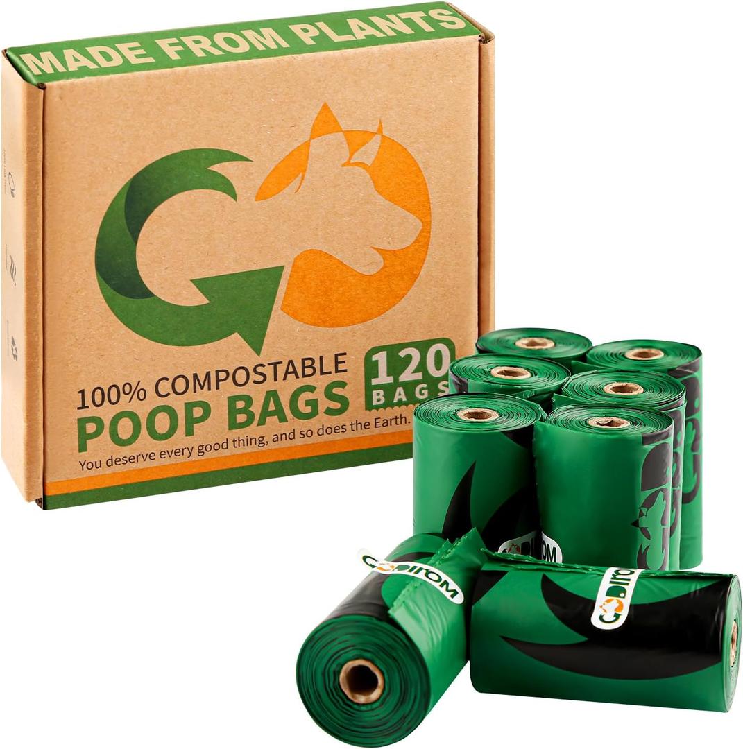 Certified 100% Home Compostable Poop Bags for Dogs, 120 Count Guaranteed Leak Proof and 18 Microns Extra Thick Waste Bag, 8 Rolls of Plant Based Doggie Poop Bag, No Scented with ASTM D6400 & EN13432 (Dark Green)