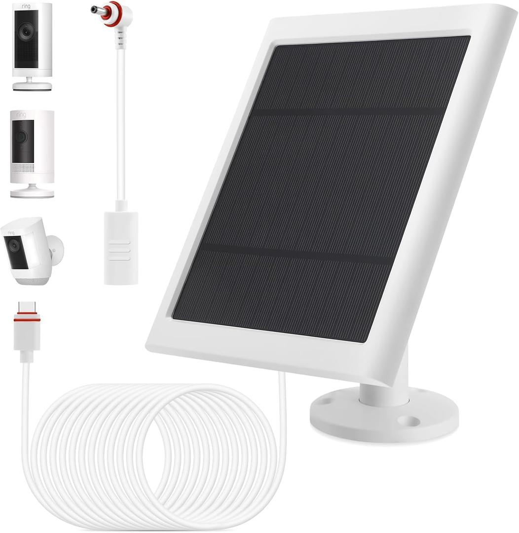 IP65 Solar Panel Outdoor for Ring Cameras (White 1P) Spotlight Cam Plus/Pro(Battery) Stick Up Cam/Pro Wireless Outdoor with 10FT/3M Long Cable Dustproof Waterproof