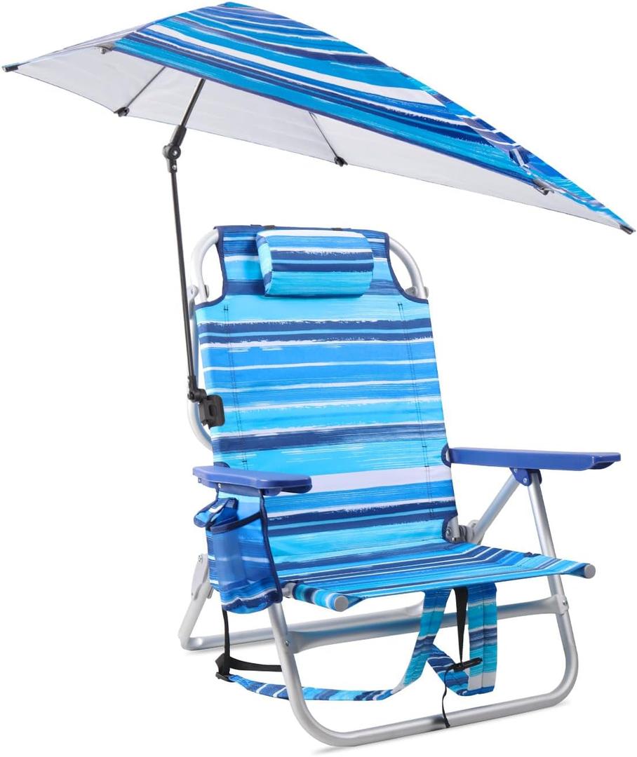 LEMBERI Backpack Beach Chair with Umbrella for Adults,1/2 Pack Folding Heavy Duty Camping Chair with Large Pockets and Cup Holder,Adjustable high Beach Lounge Chairs with Towel Rack (1, Blue)