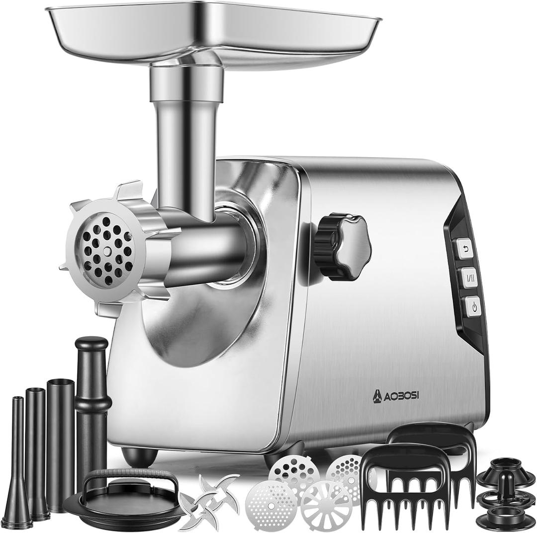 AAOBOSI #12 Meat Grinder, [3000W] 3 Speed Meat Grinder Heavy Duty: Built-in Storage Box, 2 Blades,4 Plates,3 Sausage Stuffers,Kibbe Kit,Meat Claw & Burger Press, for Home & Kitchen Use (Stainless Steel)