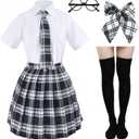 Japanese Tartan Pleated School Uniform Cosplay Costumes with Socks Eyeglass Frame Set (X-Large--Tag 3XL, Black)