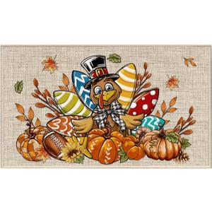Thanksgiving Front Door Mat Outdoor Entrance, Football Pumpkin Turkey Welcome Doormat Washable Non-Slip Rubber Backing,Thanksgiving Vintage Home Decorations Harvest Porch Decor Rug for Home