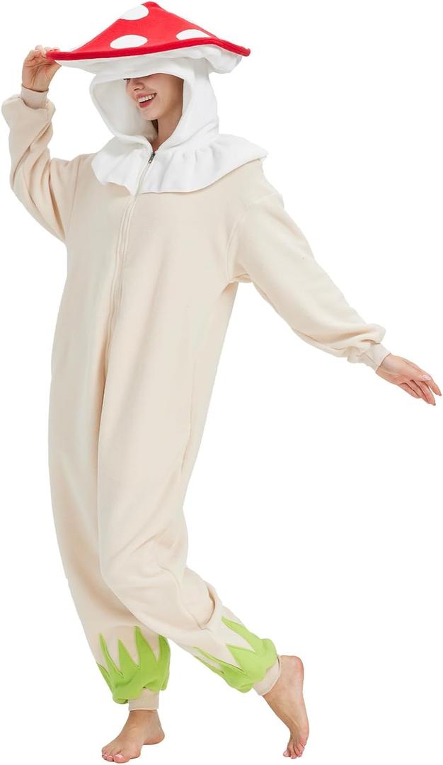 Mushroom Onesie Adult Halloween Mushroom Costume Fun and Cozy One-Piece Pajamas for Women and Men (X-Large)