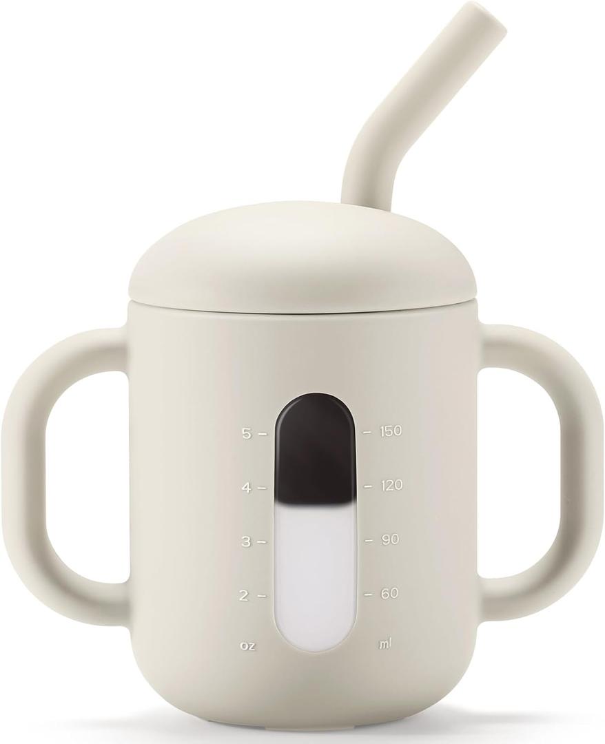 CLYMENE Silicone Training Cup with Straw & Handles | Baby Sippy Cup | Water Drinking Cup for Infants and Toddlers 6 Months+, 6 oz, Ivory