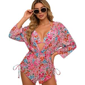 3 Piece Swimsuits for Women Tropical Floral Print Bathing Suit Sheer Mesh Cover Up Classic Bikini Set Summer Beach (Pink, L)