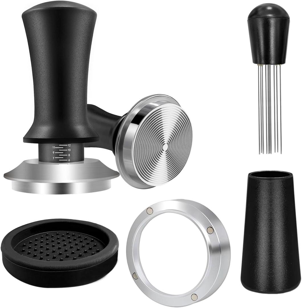 51mm Espresso Accessories Kit, Coffee Espresso Tamper Set, Spring-loaded Tamper, WDT Tool, Dosing Funnel and Silicone Gel Coffee Tamper Mat for Espresso Coffee Machines and 51 mm Portafilters