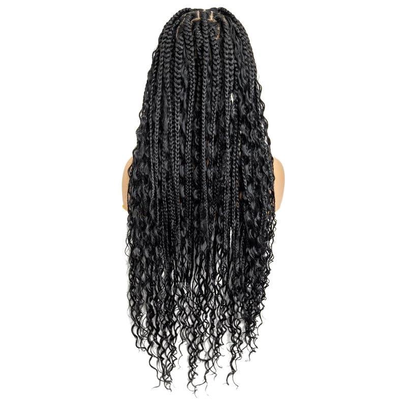PIB 32" - Single Full Lace Braid Wig  Boho Box Braided Wig Square Parted, Knotless Braided Wigs for Black Women, Synthetic Lace Wigs with Natural Baby Hair (1B, Off Black)