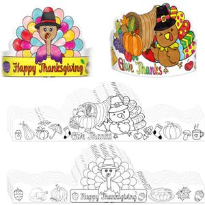 Thanksgiving Coloring Turkey Crowns Hats 24PCS Fall Thanksgiving Turkey Headbands Crafts for Kids