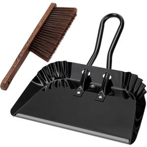 17In Extra Large Dust pan and Brush Set,Commercial Heavy-Duty Dust Pans and Wood Broom,Clip on Dust Pan Metal Edge Flat Against Floor for Patio/Pet/Car/Outdoor-Rubber Coated Easy to Grasp Handle