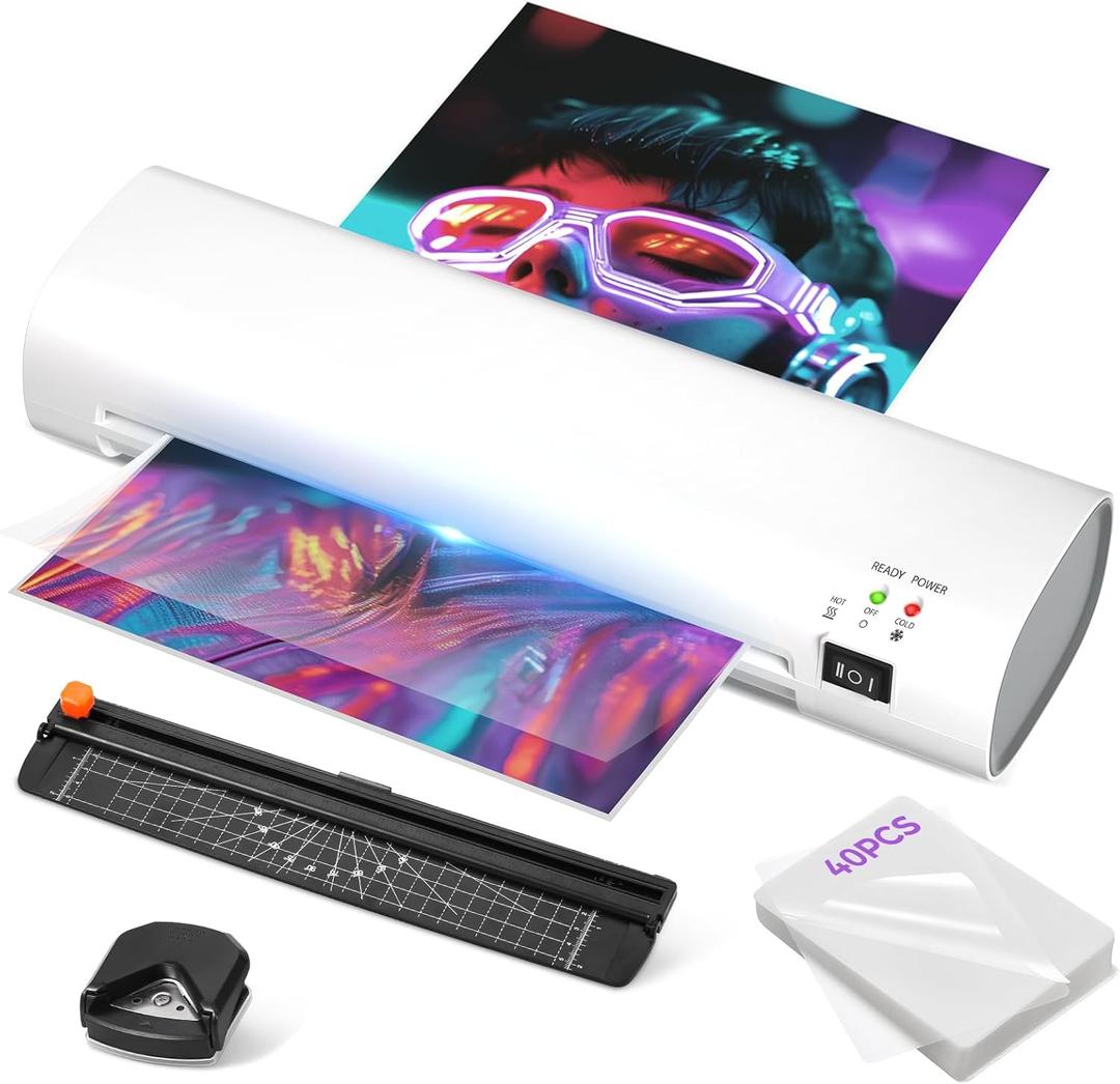 9-Inch 4-in-1 Thermal Laminator Machine with Never-Jam Tech, Includes 40 A4 Laminating Pouches, Trimmer & Corner Rounder for Office & Home Use - White