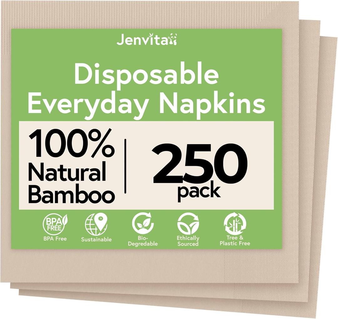 Jenvita Everyday 100% Bamboo Compostable Napkins Disposable 250-Pack | Table Napkins Disposable for Lunch, Dinner,Events & Entertaining | 2-Ply FSC Certified | Compostable Paper Towels | 6.5 x 6.5Inch