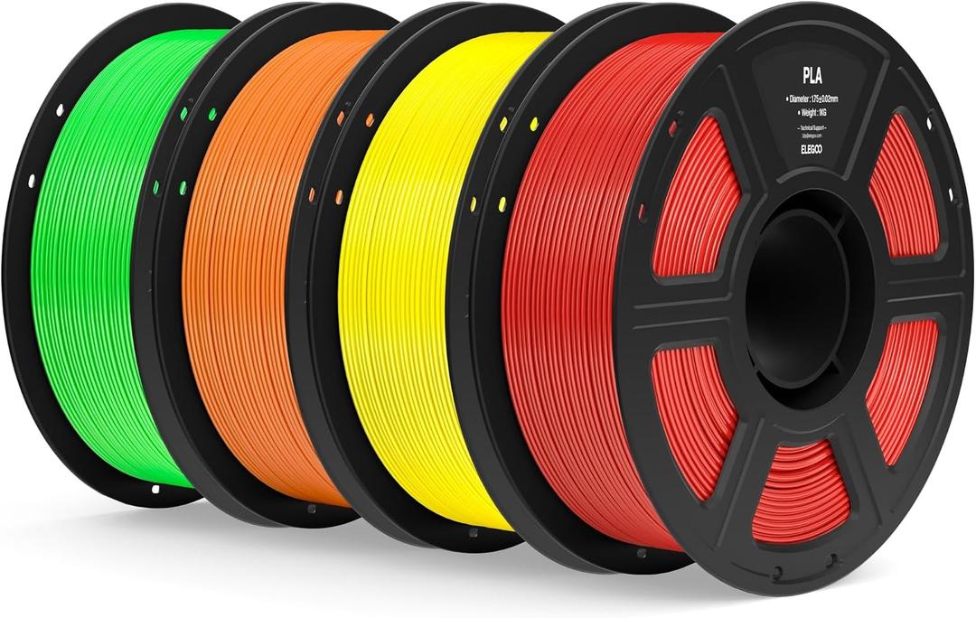 ELEGOO PLA Filament 1.75mm Bundle 4KG, 3D Printer Filament Dimensional Accuracy +/- 0.02mm, 4pcs 1kg Spool(2.2lbs) Fit Most FDM 3D Printers (True Red, Yellow, Orange, Neon Green)