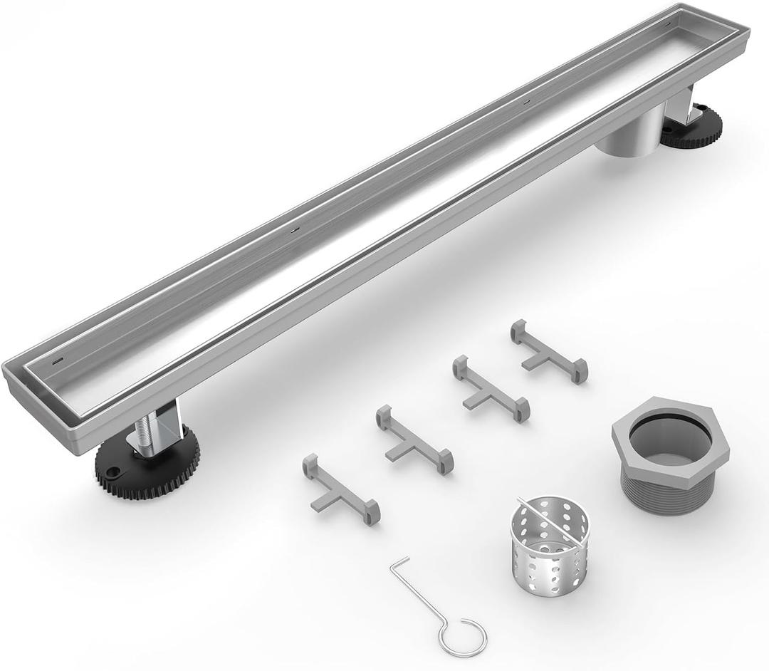Shower Drain Offset Outlet for Bathroom: 24-Inch Brushed Nickel Linear Shower Drain with Removable Tile Insert Grate - 304 Stainless Steel Shower Floor Drain Side Outlet with Hair Catcher