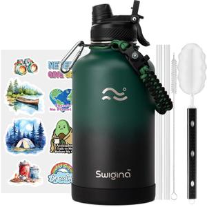 Swigina Insulated Water Bottle with Silicone Boot (36hrs Cold/18hrs Hot) - DIY Stickers, [2-in-1 Lid], BPA Free, 64 oz (Jungle-Black)