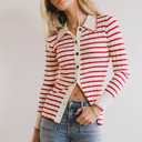 EXLURA Womens Fall Striped Cardigan Sweaters Long Sleeve Button Up Polo Collar Sweater Slim Knit Lightweight Trendy Tops 2025, M