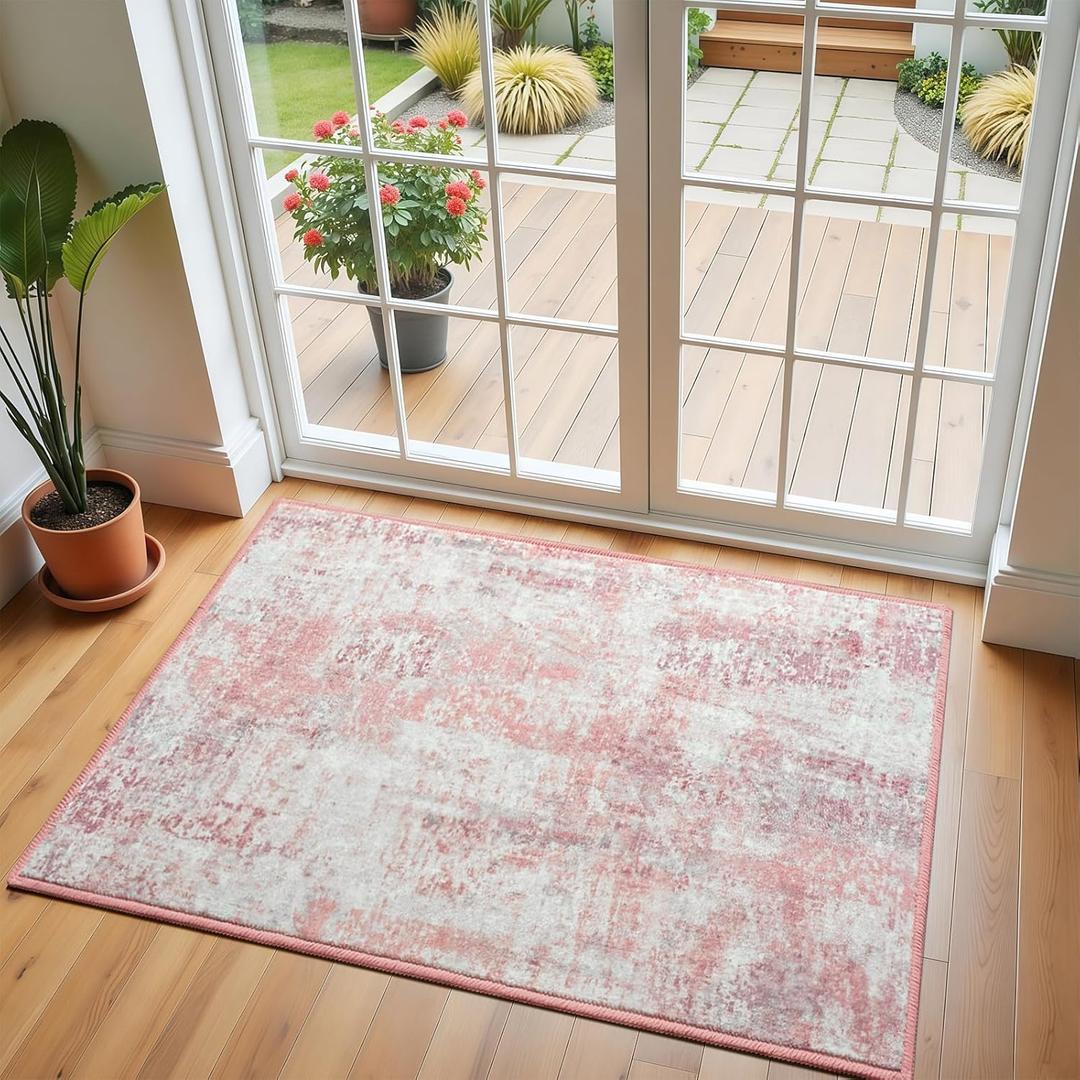Pink Washable Small Area Rug, 2x3 Abstract Non-Slip Door Mat, Modern Low Pile Indoor Entryway Rugs, Stain Resistant Throw Carpet for Front Door, Kitchen, Entry, Inside Entrance