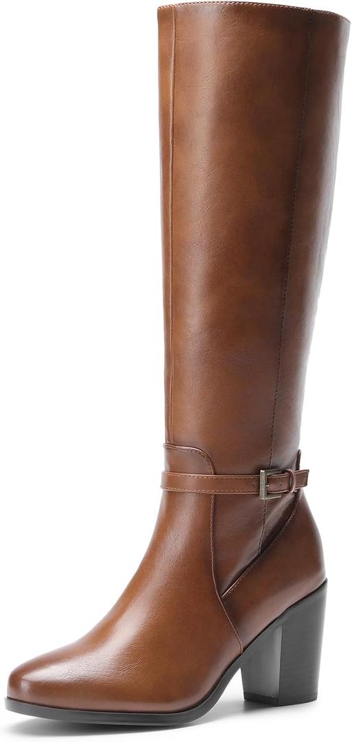 DREAM PAIRS Women's Knee-High Boots Comfortable Chunky Block Heel Riding Boots Fall Boots Pointed Toe Side Zipper Suede Tall Boots (6.5, Tan-pu)