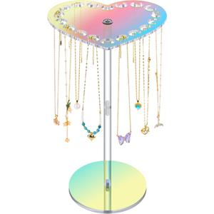 NiHome Iridescent Acrylic Rotating Necklace Holder Organizer, Heart-Shaped Top Multifunctional Jewelry Storage, Space-Saving Necklace Organizer, Keeps Vanity Neat Adds Decorative Touch