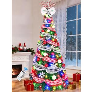 Livole 6FT Pop Up Christmas Tree with 200 LED Lights, Collapsible Predecorated Artificial Christmas Tree with Ball Ornaments & Remote Control, Indoor Xmas Tree for Holiday Party