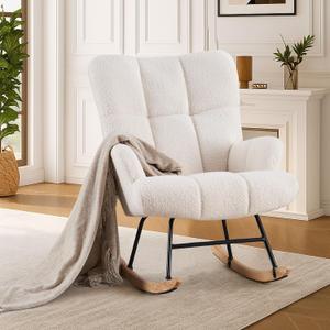 Joysoul Teddy Nursery Rocking Chair - Plush Velvet Upholstery, Sturdy Frame & High Backrest Armchair for Nursery, Bedroom, Living Room, Adults & Kids , White