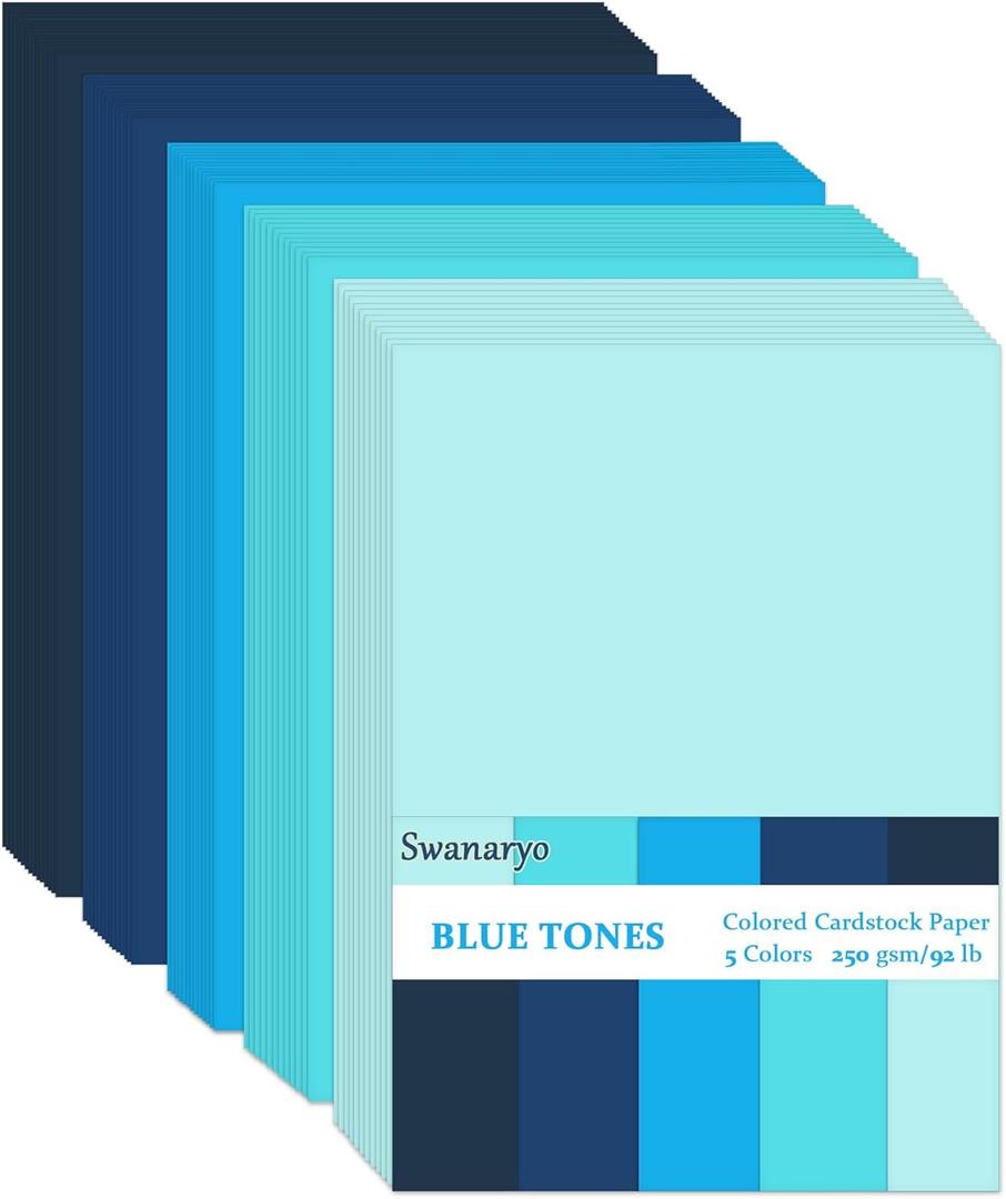 100 Sheets Blue Cardstock Thick Paper, Heavyweight 92lb 5 Colors Colored Construction for Crafts DIY Cards Making Scrapbook Decor8.3 x 11.7 Inch