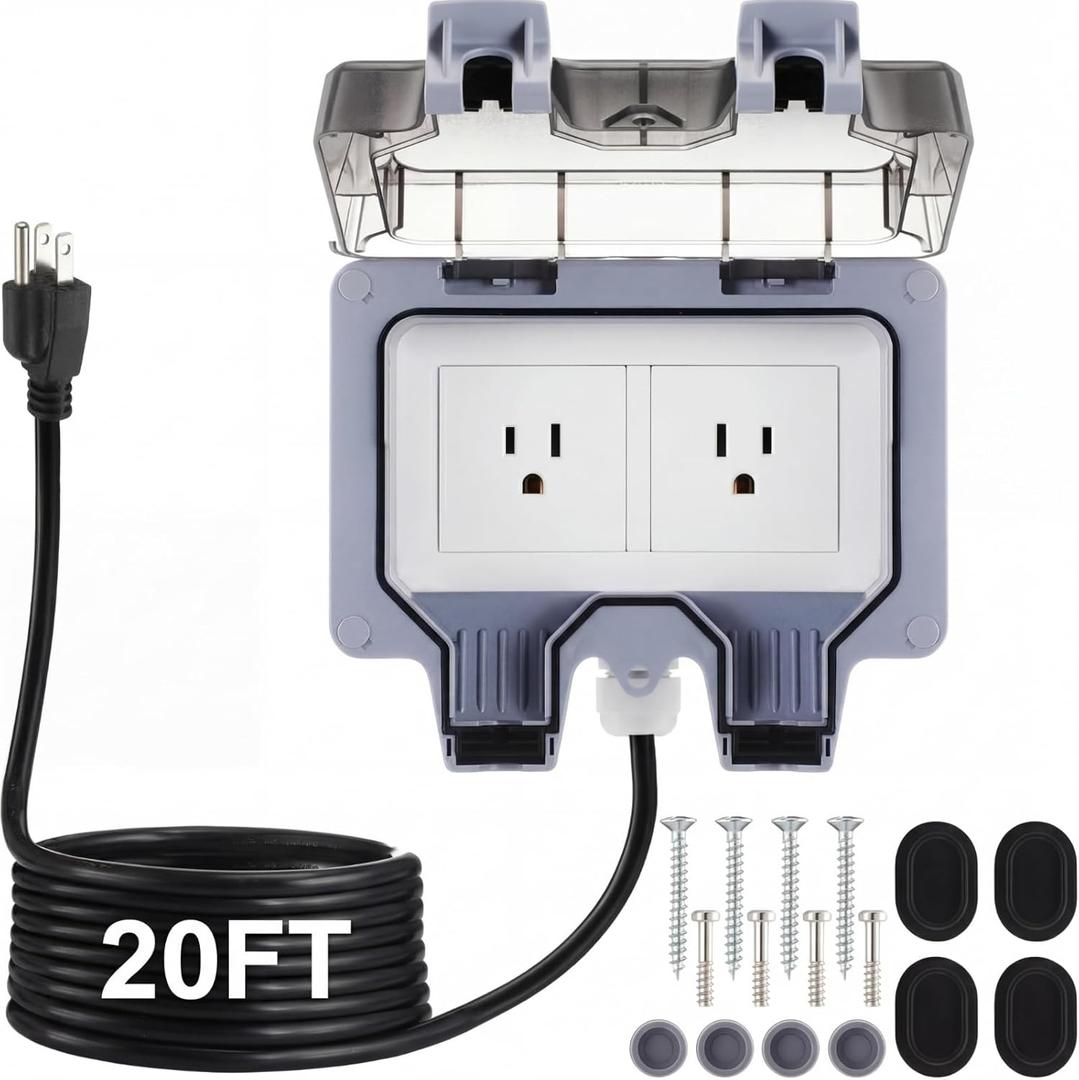 Kanayu Outdoor Outlet Box with 20ft Extension Cord, Dual 15 AMP 5-15 Receptacles Weatherproof Waterproof IP66 Outdoor Exterior Socket with Cover, 14 AWG/3C SJTW Cord