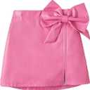 Girl's Cute PU Leather Skirt Elastic High Waist Split Hem Bow Front Mini Skirts 9