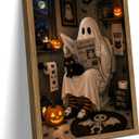Funny Halloween Bathroom Wall Art, Ghost Black Cat Framed Canvas Print Poster, Cute Spooky Restroom Wall Decor, Vintage Ghost Bathroom Painting Picture for Home Washroom 12x16 Inch