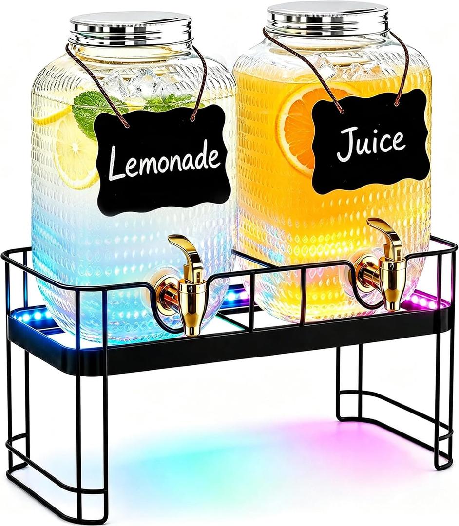 Drink Dispensers for Parties, 2 Pack 1 Gallon Glass Jars with LED Stand